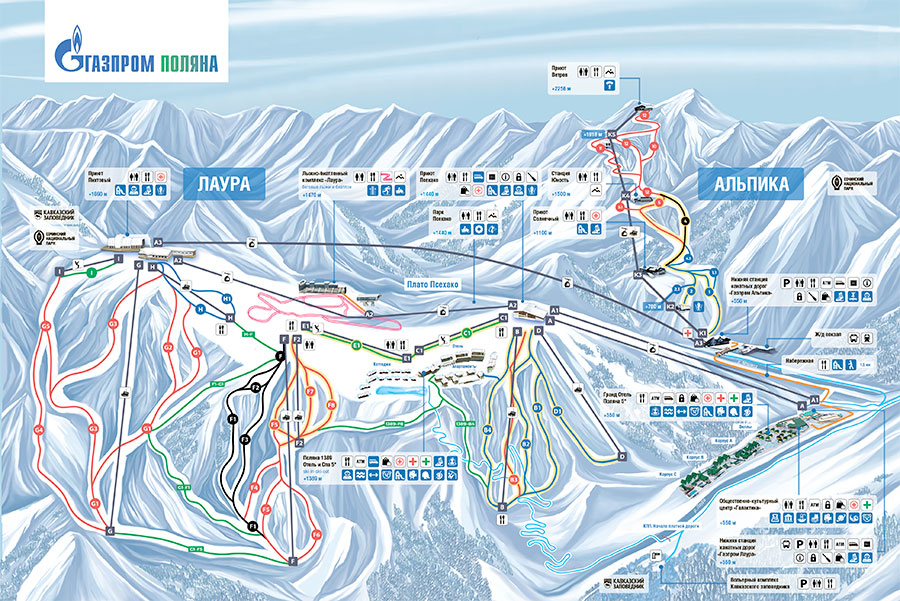 Зимняя карта подъемников и трасс курорта Газпром - зоны катания Лаура и Альпика 2025