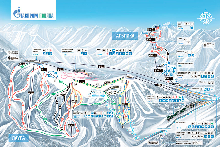 Зимняя карта подъемников и трасс курорта Газпром Поляна - зоны катания Лаура и Альпика 2026
