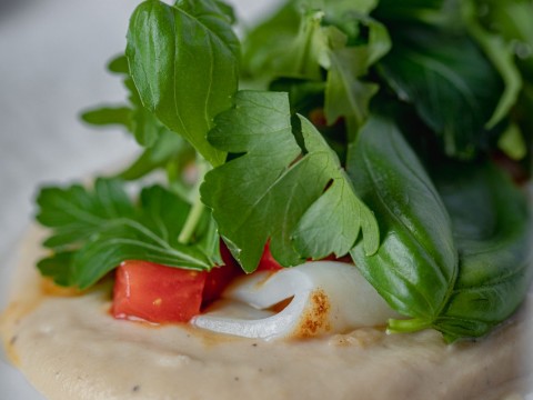 Кальмар по-сицилийски с хумусом из артишоков и томатами